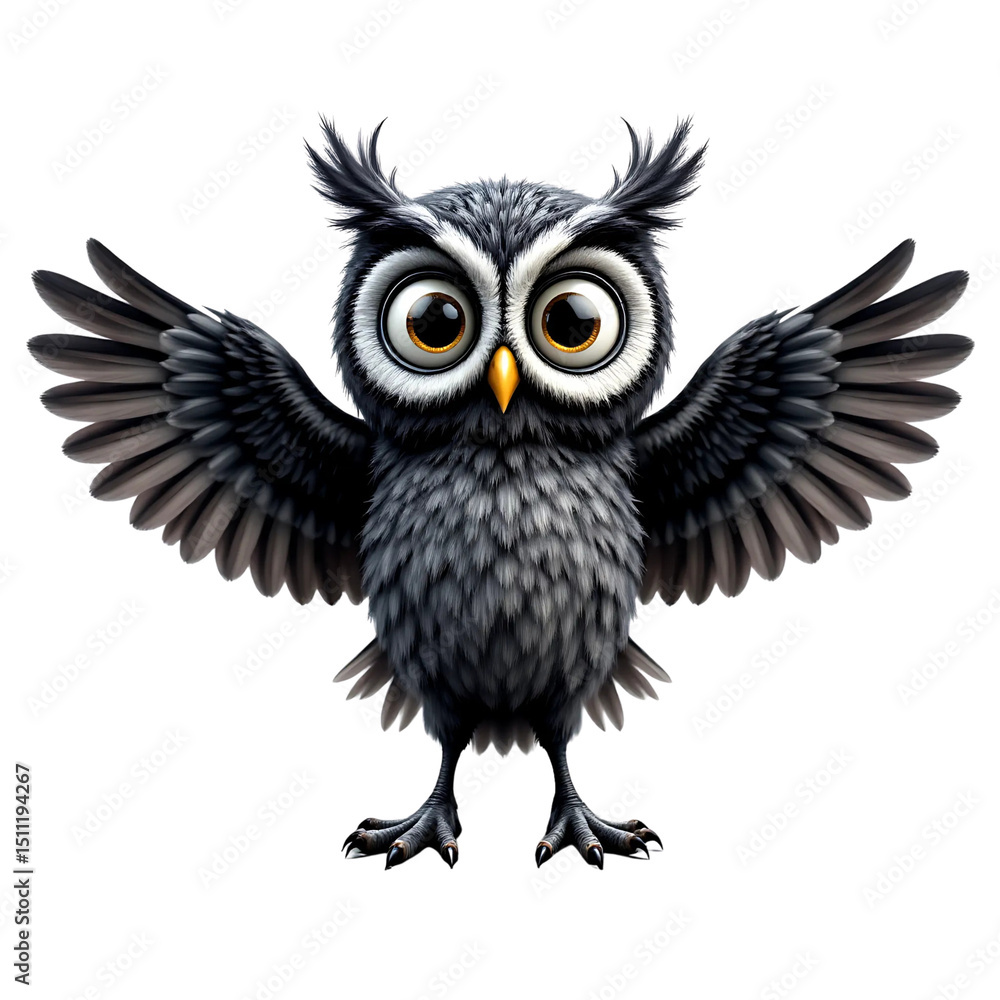 Obraz premium Owl illustration. Cartoon bird in 3D style. Bird image on transparent background.A cute black owl is standing with its wings spread.