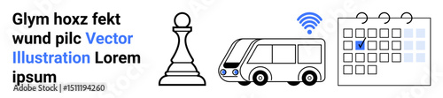 Chess pawn symbolizing strategy, bus with wireless for modern connectivity, and marked calendar for event planning. Ideal for strategy, mobility, technology, time management, connectivity