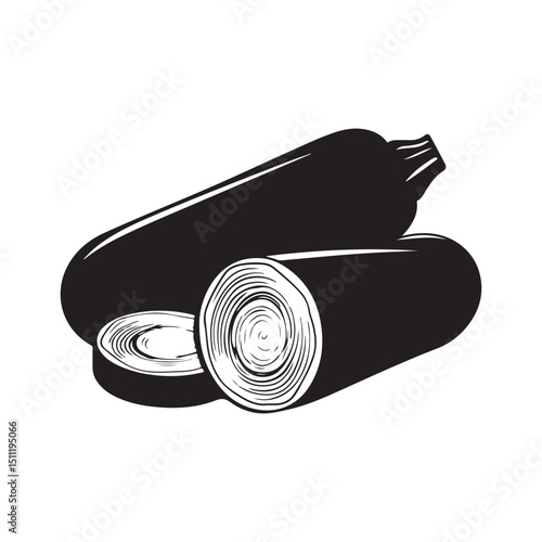 Black and white vector illustration of zucchini squash and sliced cuts silhouette