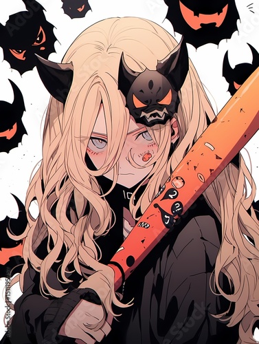 Anime young girl with menacing mask and baseball bat, dark background with bats, serious gaze