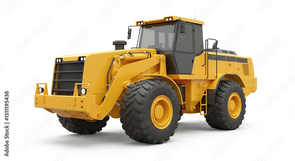 Fototapeta premium Powerful yellow wheel loader powerfully positioned against bright white background. AI Generated