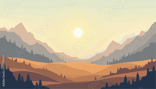 Landscape with mountains sun and trees