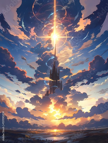 Majestic castle rising from serene lake surrounded by vibrant sky with fluffy clouds.