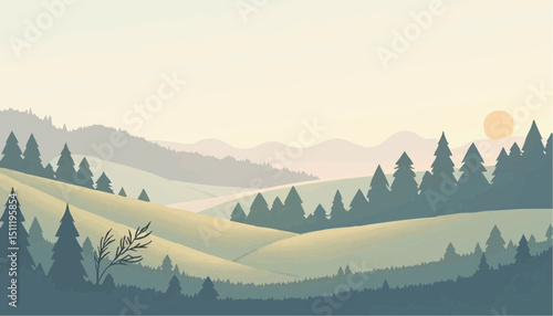 Landscape of hills and trees in morning sunlight