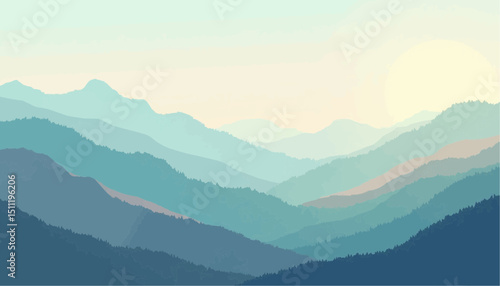 Mountain Landscape with Rising Sun Vector Illustration