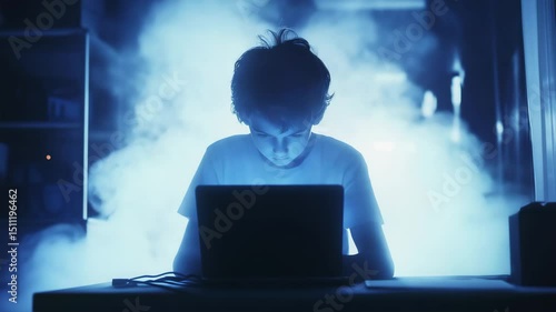 Unprotected child online concept – boy sitting in dark room lit by laptop screen, surrounded by fog and blue light, symbolizing internet vulnerability and digital danger