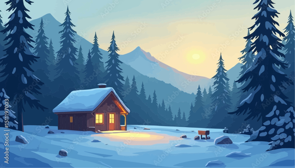 Naklejka premium Winter cabin scene in snowy mountain landscape