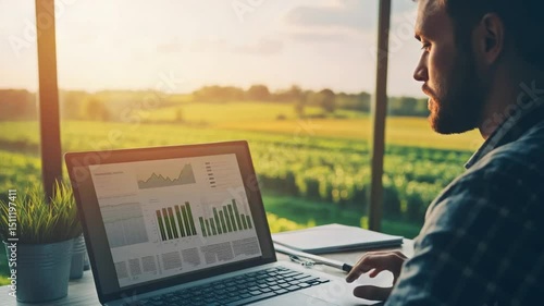 Man analyzes data on laptop with rural farm landscape providing an inspiring backdrop