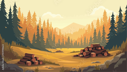 Log Pile in Forest Illustration