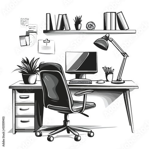 Professional Black and White Vector Illustration of Office Elements for Business Concepts