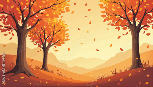 Autumn Landscape with Falling Leaves and Trees