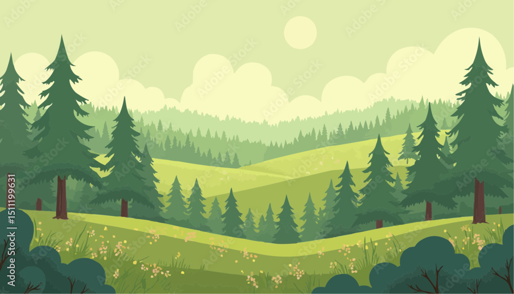 Fototapeta premium Green Forest Landscape with Trees, Hills, and Sky