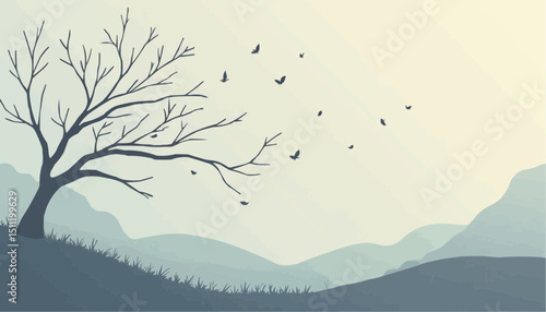 Silhouette Tree with Birds in Hilly Landscape