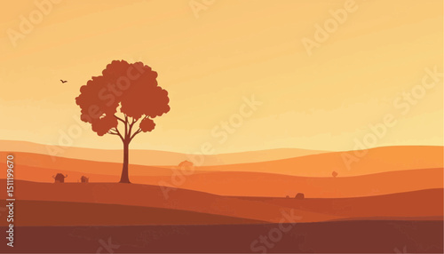 African landscape with tree, bird and animals