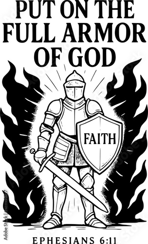 Ephesians 6:11 Put on the Full Armor of God Vector Illustration – Spiritual Warrior with Shield and Sword on White Background – Inspirational Christian Ink Drawing for Print, Poster, and Digital Use