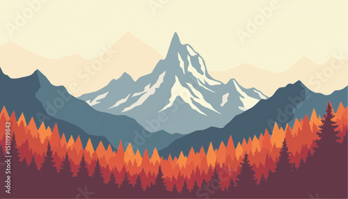 Mountain Peak and Forest Landscape Illustration