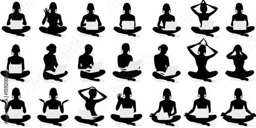 Silhouettes of women in lotus position using laptops in various poses and expressions on a white background |eps vectors