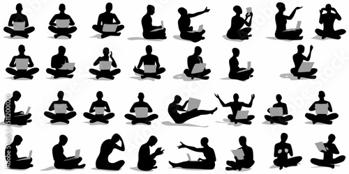 Silhouettes of people sitting in lotus position with laptops in various poses and using technology |eps vectors