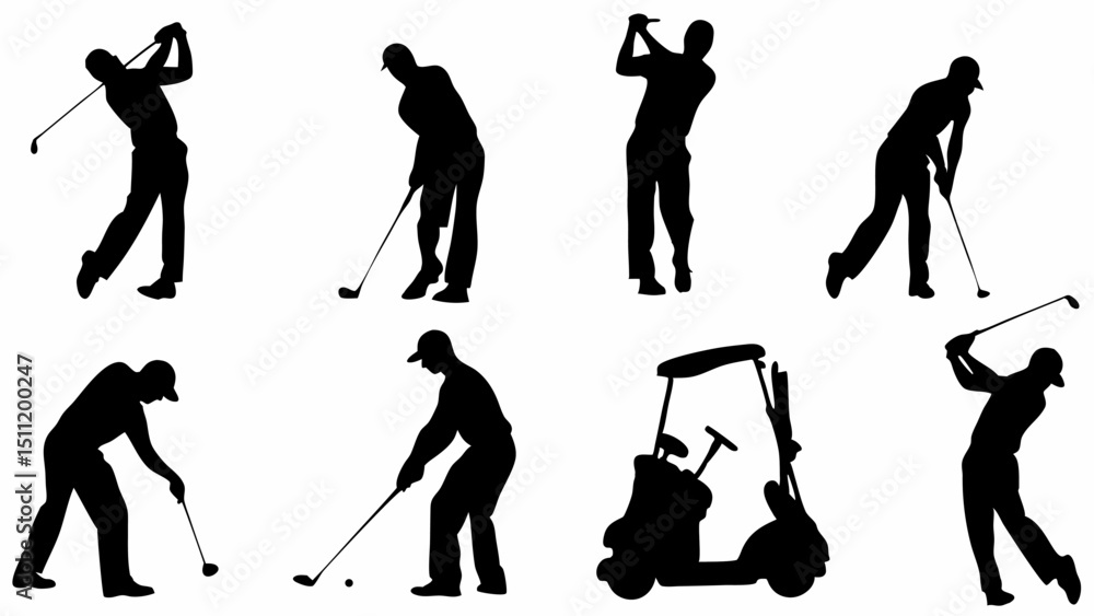 Obraz premium Silhouette illustration featuring golfers in various poses and a golf cart against a white background scene |eps vectors