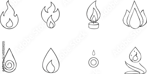 Collection of eight hand drawn flame and drop illustrations in black and white simple line drawing style |eps vectors