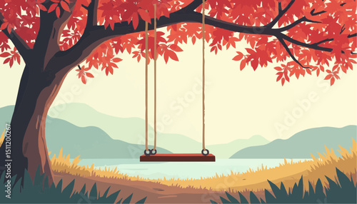 Tree swing over lake landscape