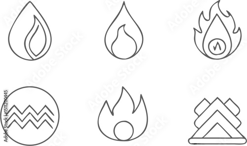 Illustration of six simple line drawings featuring fire and water elements in a minimalist style design |eps vectors