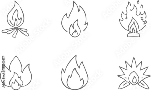 Illustration of a set of six different hand drawn flames and fire designs in a simple line drawing style |eps vectors