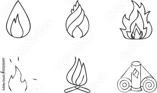 Collection of six different hand drawn flame and fire icons with various shapes and styles shown |eps vectors
