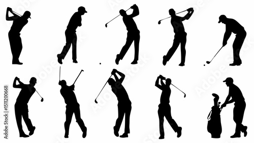 Silhouettes of golfers in various poses swinging clubs and pulling a golf bag on a white background |eps vectors
