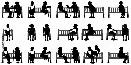 Silhouettes of people sitting on benches in various poses and arrangements in a black and white image |eps vectors