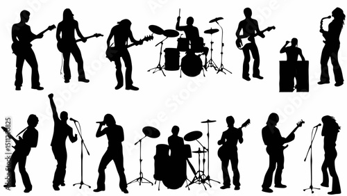 Silhouette illustration of a musical band performing with various instruments on a white background |eps vectors