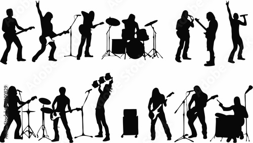 Silhouette illustration showing a rock band performing on stage with guitars drums and microphones set up |eps vectors