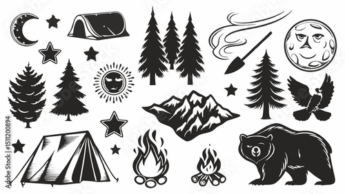 Illustration of camping elements including tents, trees, moon, sun, bear, eagle, and campfire icons |eps vectors