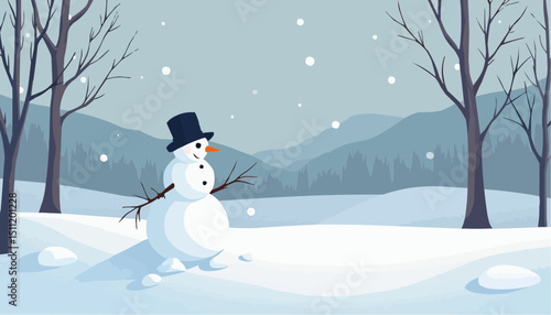 Snowman in Snowy Landscape Winter Scene