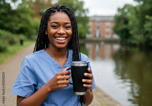 Portrait of a smiling african american nurse holding a coffee mug by the lake.