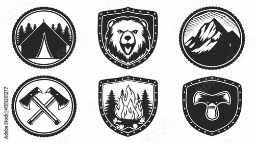 Collection of black and white camping themed badges featuring bear, tent, axe, mountain, and campfire designs |eps vectors
