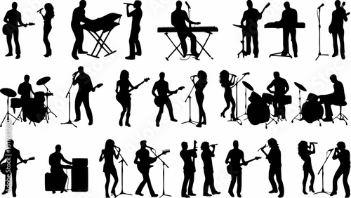 Silhouette illustration of band members playing instruments and singing on stage in black and white color |eps vectors