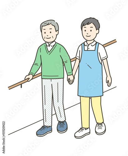 手すりを持ちながら笑顔で歩行訓練をする高齢男性と介護士のイラスト