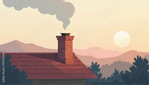 House with smoke coming out of chimney at sunset