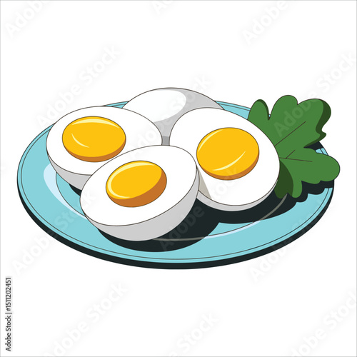 Plate of hard boiled eggs in two halves food vector. Protein rich snack.