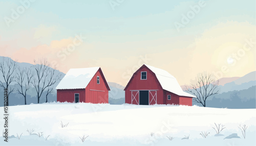 Winter Barn Scene with Snow Covered Field and Mountains