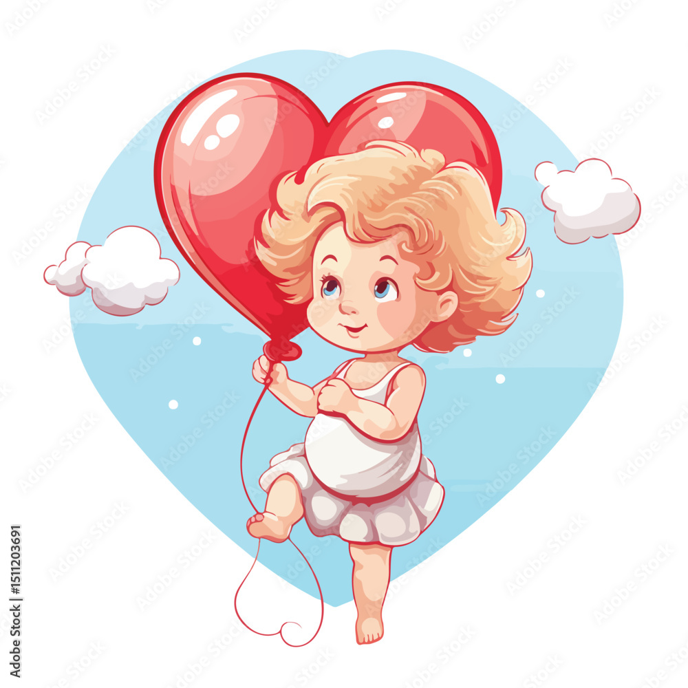 Romantic Cupid Holding Heart-Shaped Balloon Vector Illustration for Valentine's Day Designs Romantic Cupid Holding Heart-Shaped Balloon Vector Illustration for Valentine's Day Designs