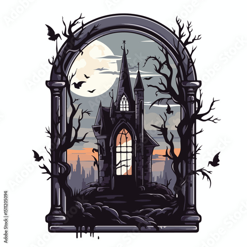Spooky Halloween Castle Window Vector Isolated Icon for Illustrations