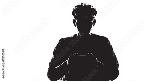 Man in dark room, silhouette with video game and winning isolated in White background
