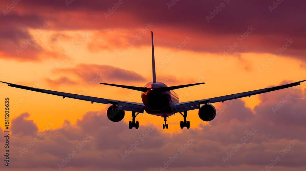 Obraz premium Passenger airplane against sunset sky, journey into vibrant horizons