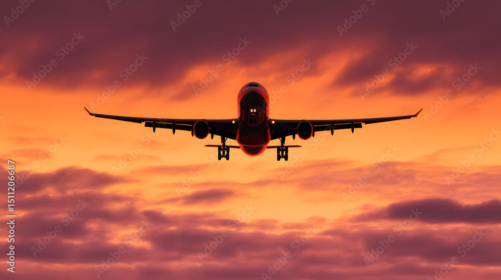 Passenger airplane against sunset sky, journey into vibrant horizons Passenger airplane against sunset sky, journey into vibrant horizons