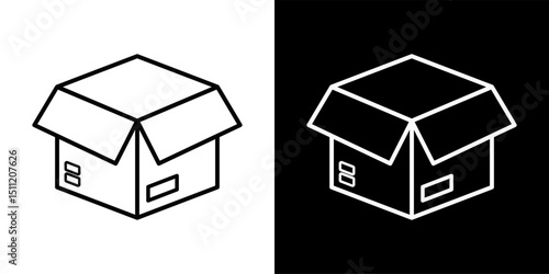 Cardboard packaging box outline icon on black and white background