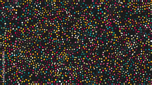 Colorful artistic pointillism pattern with vibrant colors and scattered hand drawn irregular tiny dots on dark background. Many small size colorful spots randomly scattered across the canvas. Vector