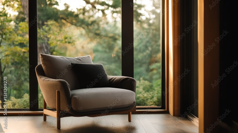 Fototapeta premium A chair is sitting in front of a window with a view of trees