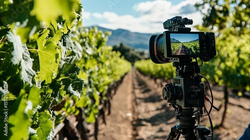 Wallpaper Mural Capturing vineyard beauty: A professional camera films rows of lush grape vines Torontodigital.ca